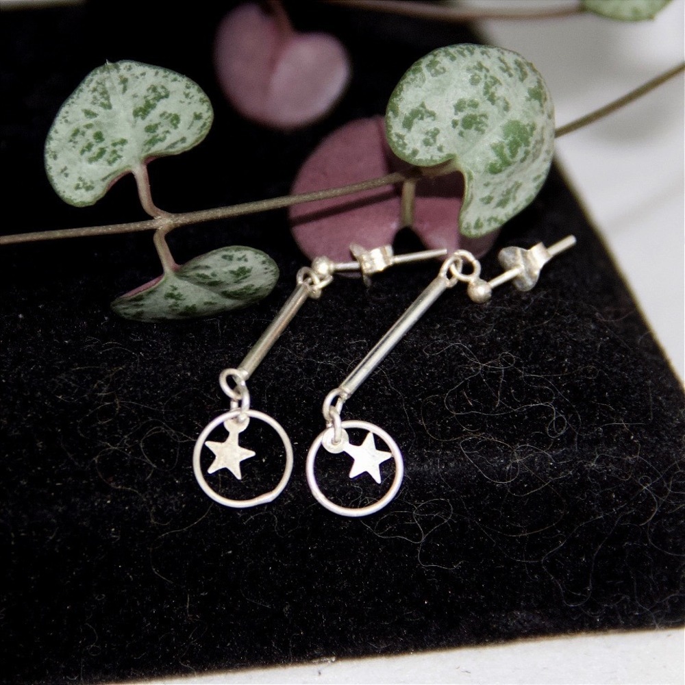 Sterling Silver Star Circle Bar Drop Earrings Celestial Dangle Minimalist Post